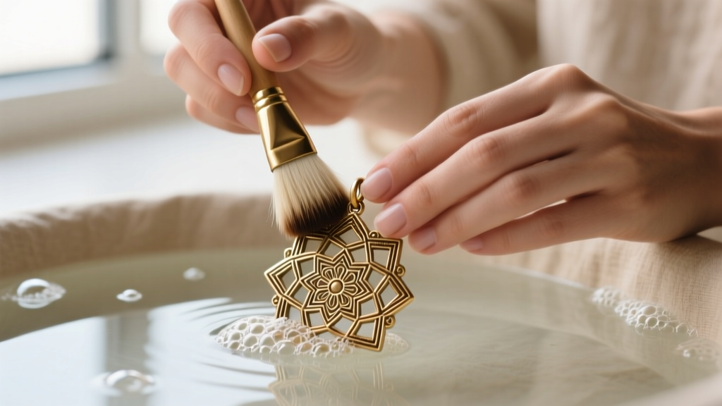 Hands using a soft goat hair brush to gently clean the intricate crevices of a brass mandala pendant with mild soapy water.