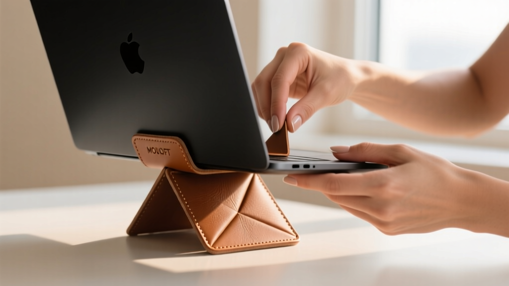 Hands attaching a thin vegan leather MOFT snap-on origami laptop stand to the bottom of a 14-inch Space Black MacBook Pro