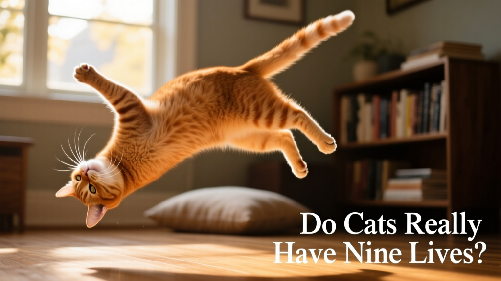 Slow-motion photo of a cat mid-fall, body twisting to orient itself feet-down