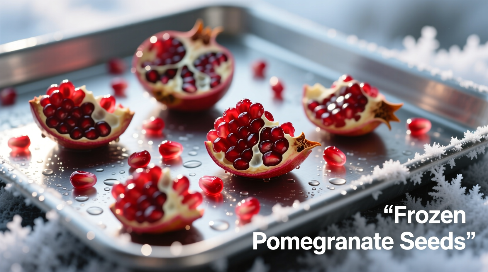 Pomegranate seeds on baking sheet before freezing