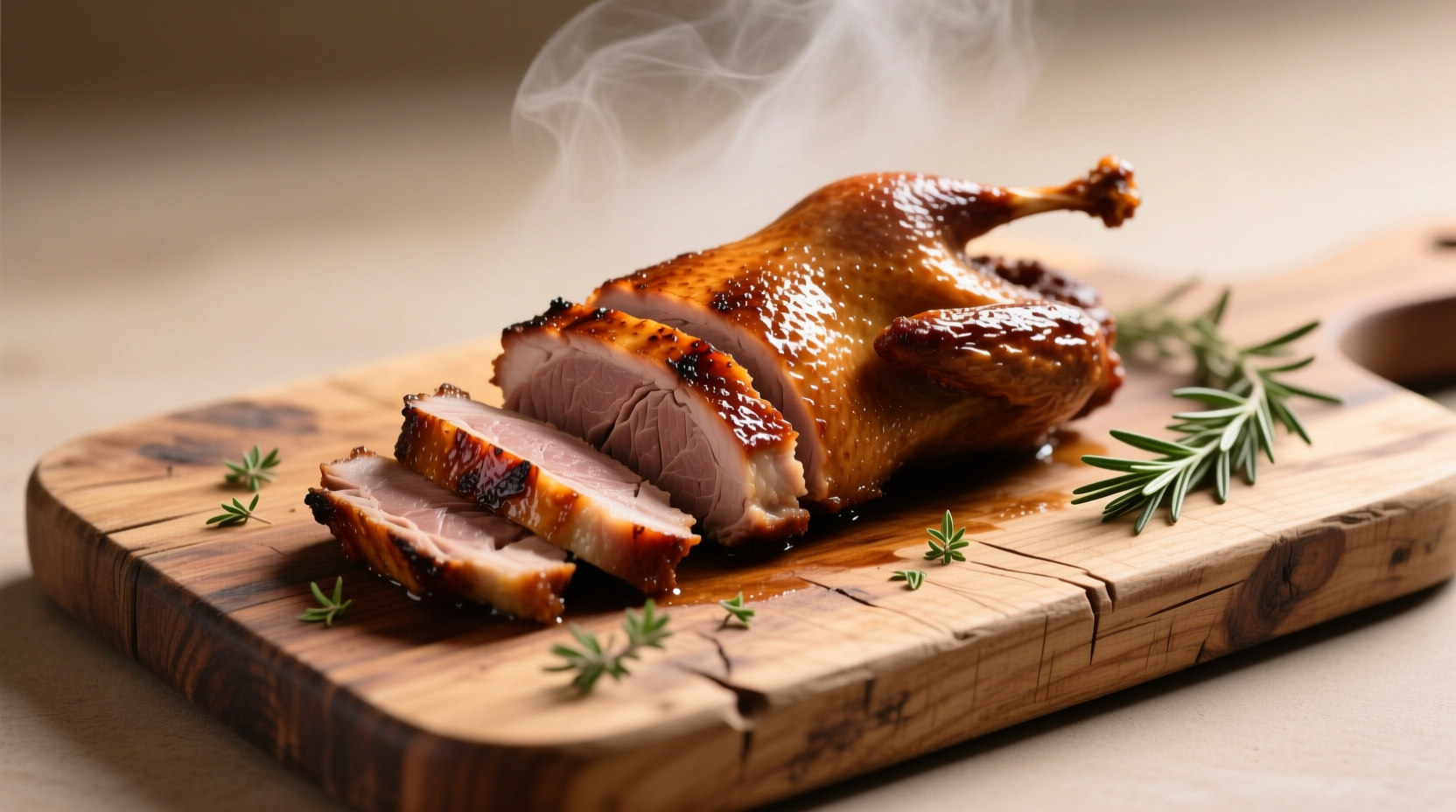 Sliced cooked pheasant breast on wooden cutting board