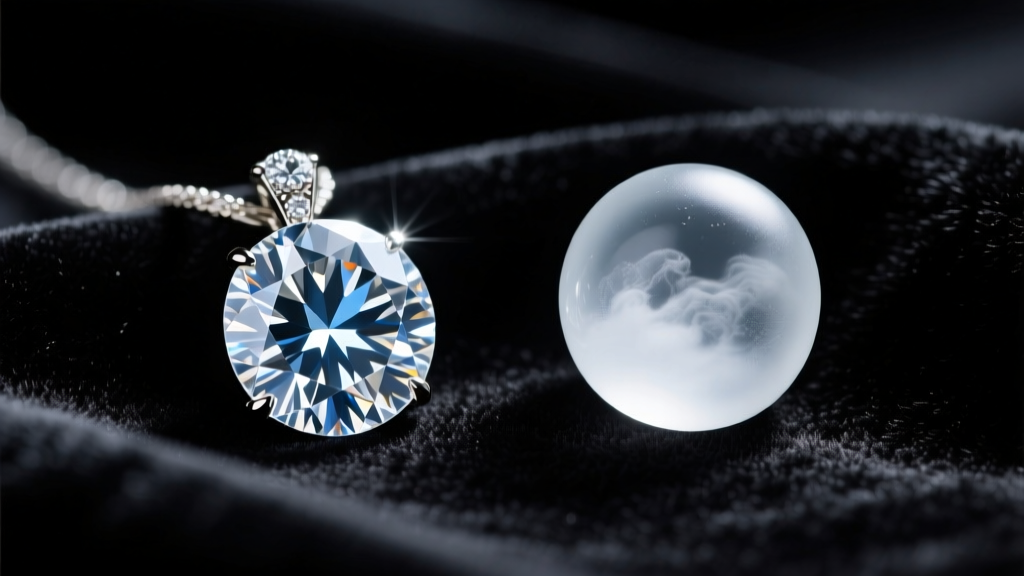 Macro shot comparing a brilliant-cut natural diamond pendant and a cloudy paste glass replica resting on dark black velvet fabric