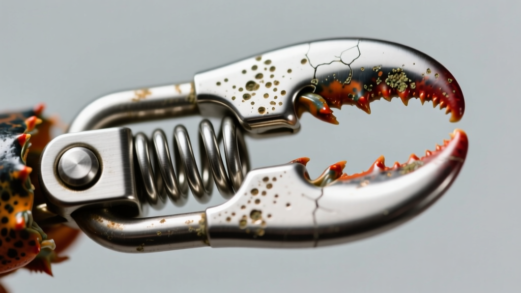 Close-up of a stainless steel lobster clasp spring mechanism showing tension fatigue and micro-corrosion at the metal hinge