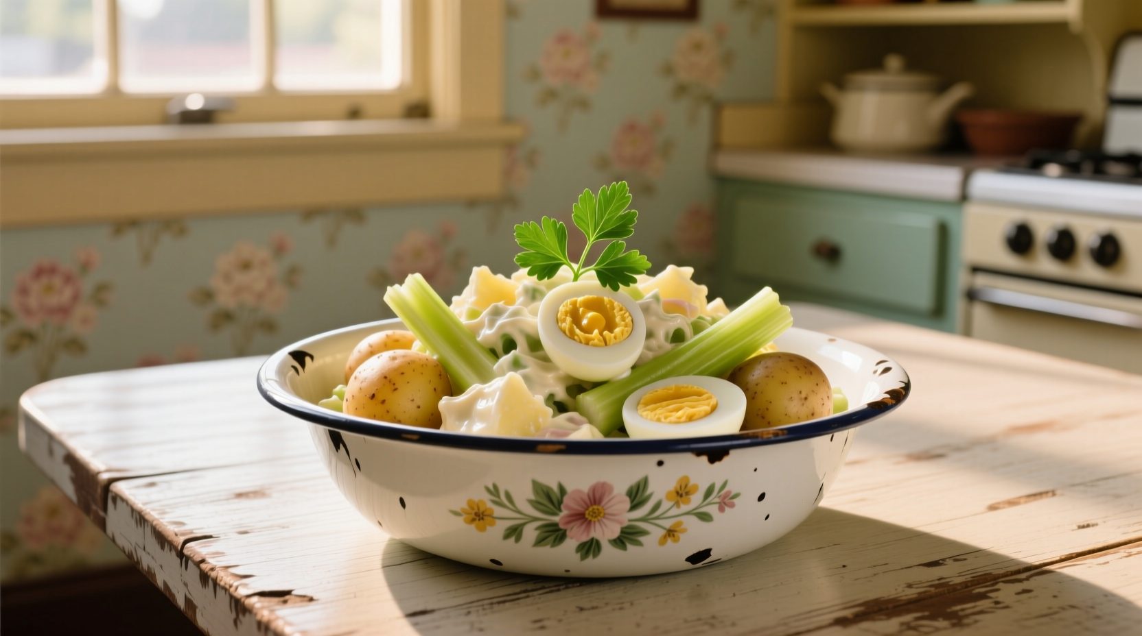 Old fashioned potato salad in vintage bowl with celery and eggs