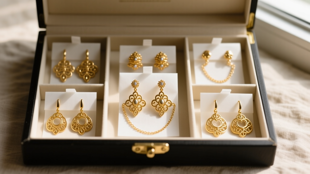 Archival box displaying neatly arranged vintage gold-tone earrings, separated by acid-free tissue paper and anti-tarnish strips.