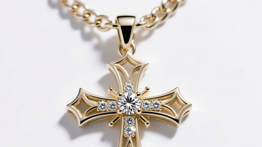 Macro shot of a 4mm white gold Cuban chain passing through a diamond bail on a large gothic cross pendant, bright studio lighting