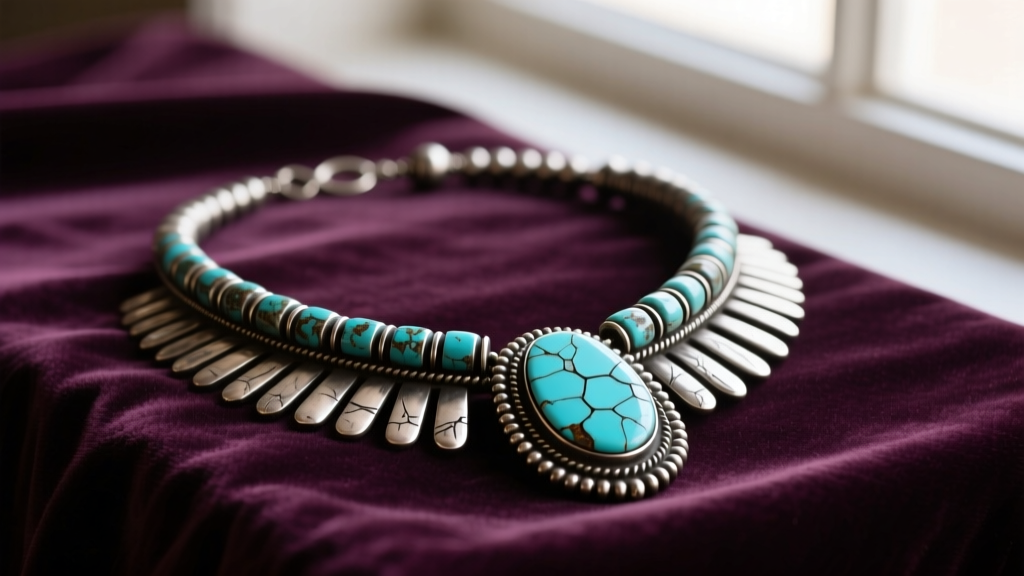 Vintage Navajo squash blossom necklace with oxidized silver beads and a cracked turquoise naja resting on dark velvet fabric