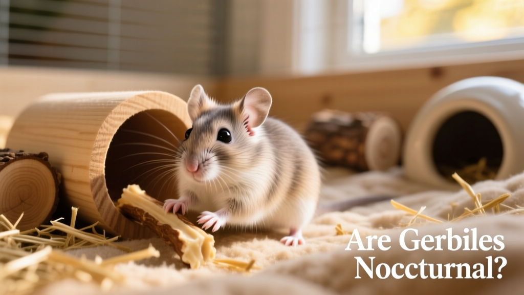 A gerbil interacting with a tunnel toy and chew stick inside a spacious, enriched enclosure with deep bedding