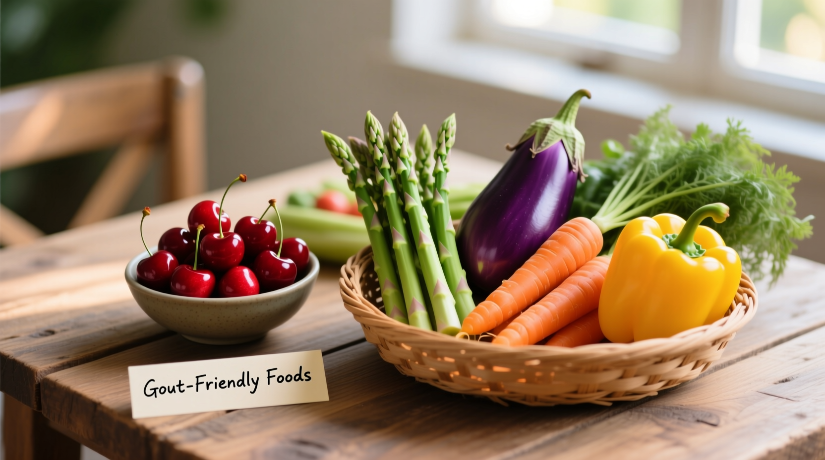 Colorful gout-friendly foods including cherries and vegetables