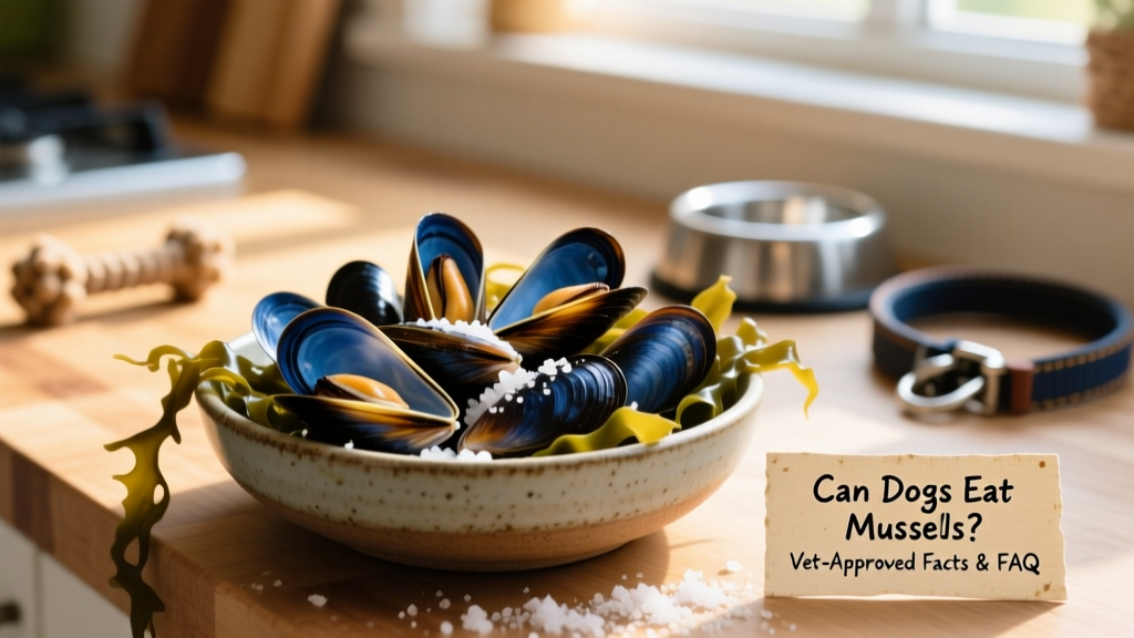 Fresh, uncooked blue mussels in a bowl with seaweed and sea salt