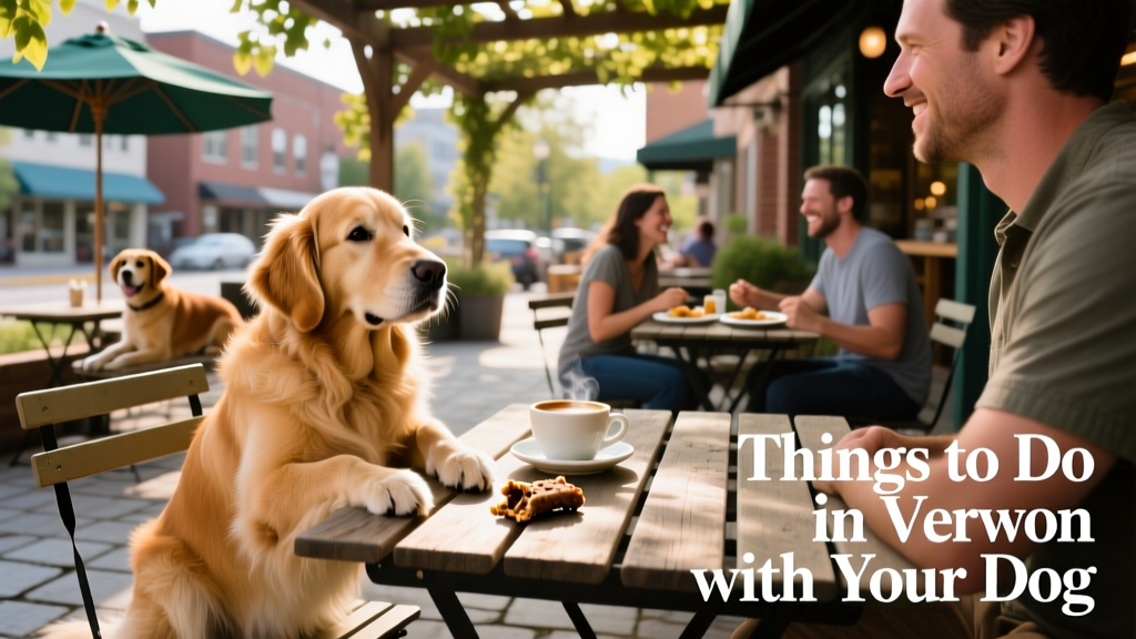 A dog sitting calmly beside their owner at an outdoor patio table at a dog-friendly restaurant in downtown Vernon