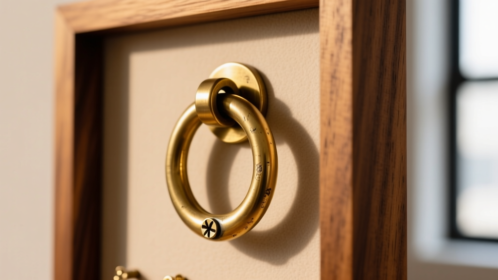 Macro shot of a heavy brass D-ring hanger screwed securely into the back of a solid wood jewelry display board frame.