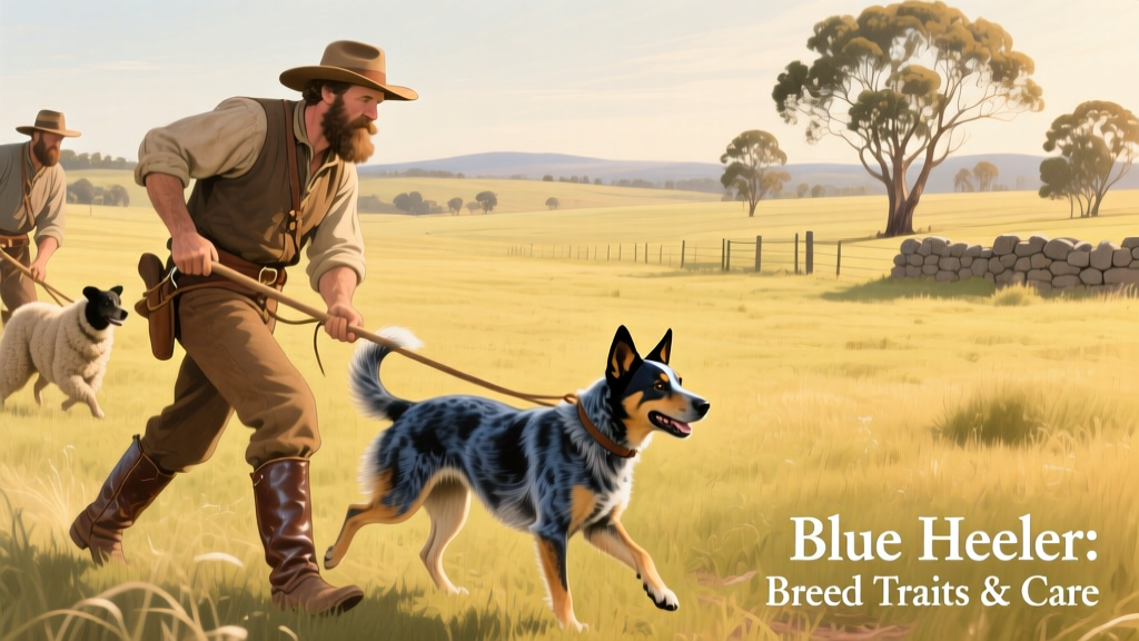 Historical illustration showing early Australian ranchers working alongside agile, muscular blue heelers in open pastureland