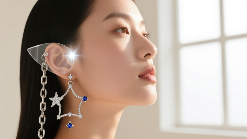 Profile view of a model wearing an asymmetrical ear constellation with a heavy chain dangle supported by a clear acrylic patch.
