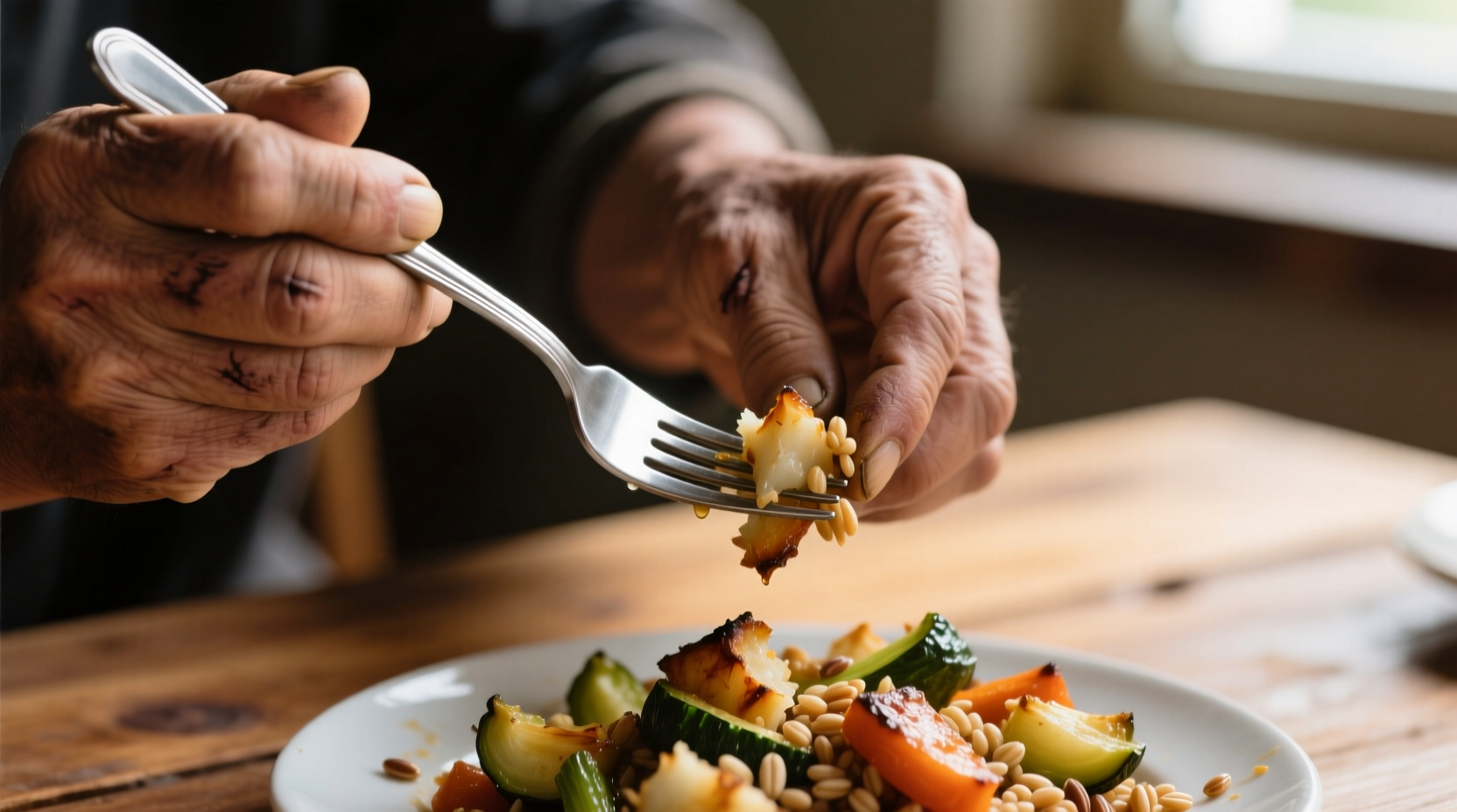 Close-up of hands holding fork with properly chewed food
