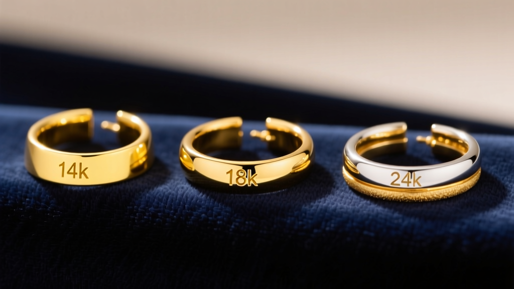 Gold hoops in 14k, 18k, and 24k on velvet, showing subtle color temperature differences under warm directional studio lighting.