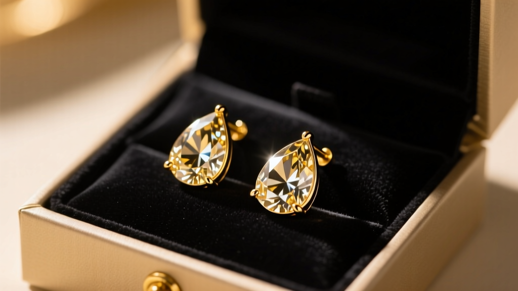 Open gift box revealing 18k gold teardrop earrings on black velvet, warm lighting highlighting the gemstone facets