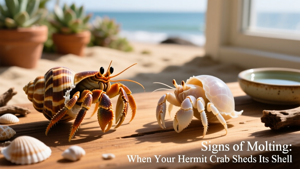 Side-by-side comparison: healthy post-molt hermit crab in new shell versus pale, soft-bodied crab immediately after shedding
