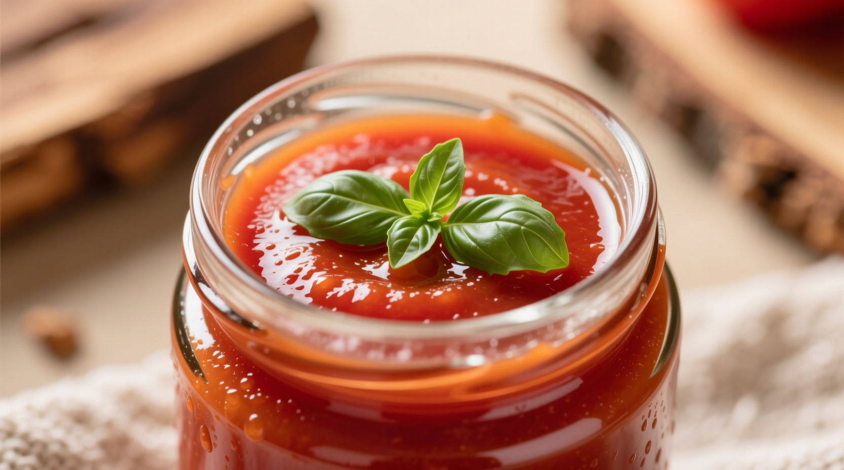 Fresh tomato puree in glass jar with basil garnish