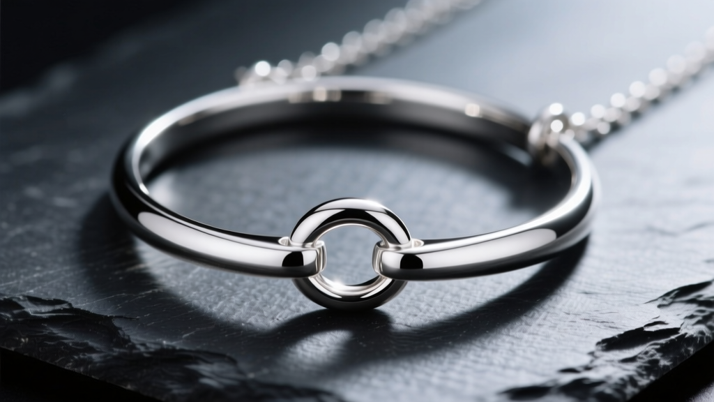 Macro shot of an Argentium silver loop necklace on dark slate, highlighting a seamless fused joint and bright mirror reflection.