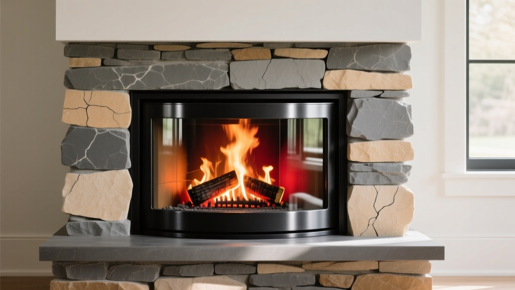 Black cast-iron wood burning fireplace insert with glowing embers behind ceramic glass, integrated into a modern stacked stone hearth
