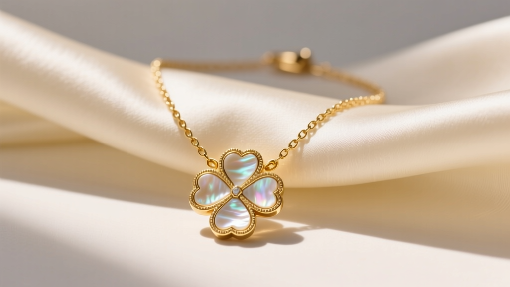 Gold vermeil Rachel Zoe clover necklace with mother-of-pearl inlay on cream silk, captured in soft morning editorial lighting.