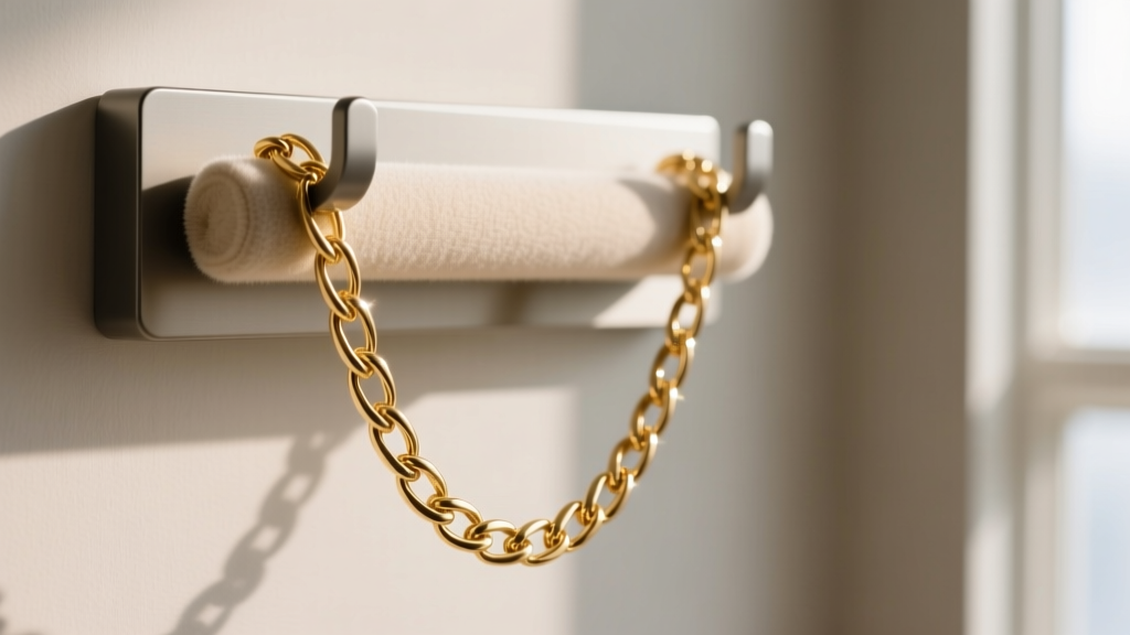 Macro shot of a delicate 14k gold figaro chain resting on an acid-free microfiber padded hook of a modern wall mounted organizer