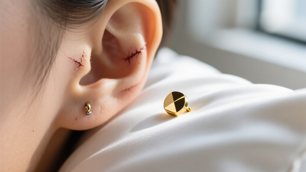 Macro shot of a healed earlobe piercing with a 14k gold flat-back stud resting on a white silk pillowcase in soft morning light.