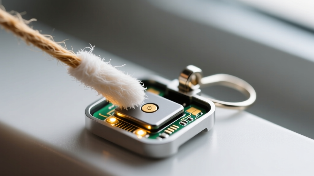 Macro shot of a dry microfiber swab carefully cleaning the battery compartment of a light-up holiday earring post.