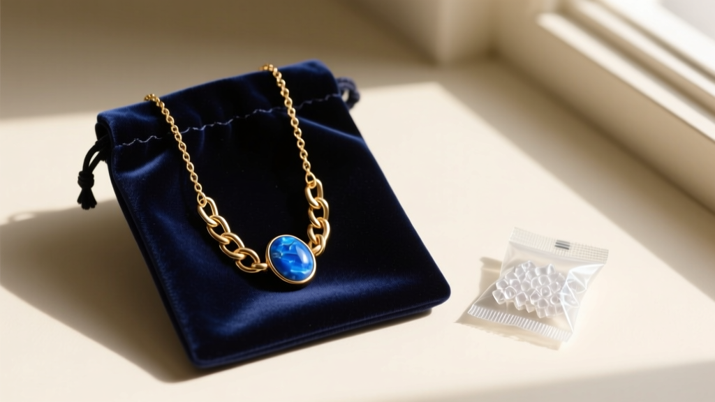 Brass chain necklace with a blue mood stone stored in a velvet anti-tarnish pouch next to a small silica gel desiccant packet.