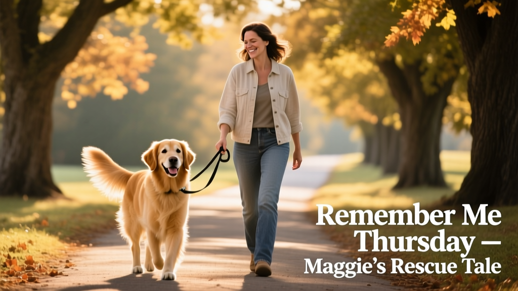 Maggie walking confidently on leash beside Susan on a tree-lined path, tail wagging