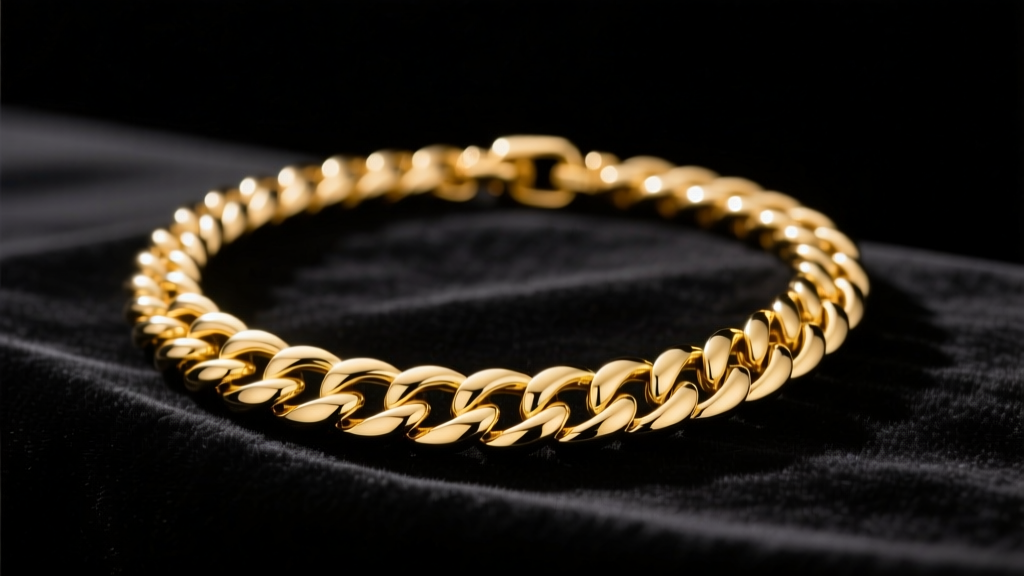 Thick 14k yellow gold Cuban link necklace on dark velvet, soft studio lighting highlighting the highly polished metal links.