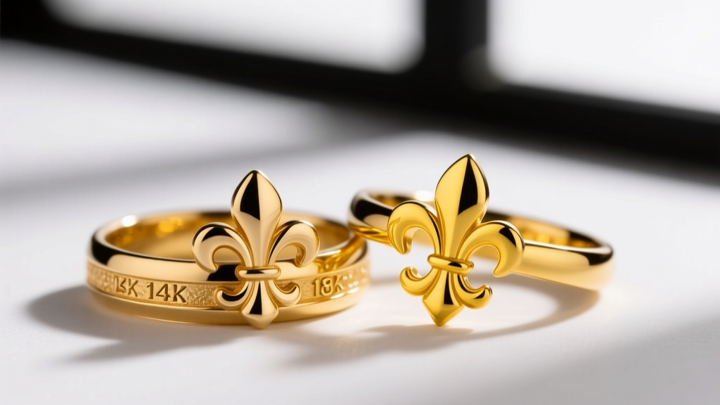 Close-up of 14k and 18k gold fleur de lis rings showing differences in yellow hue and petal edge sharpness under soft lighting