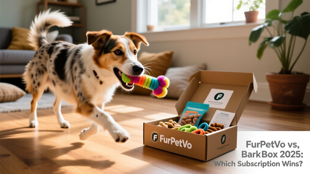 Happy medium-sized mixed-breed dog playing with a FurPetVo toy while a FurPetVo box sits open nearby with treats and accessories visible