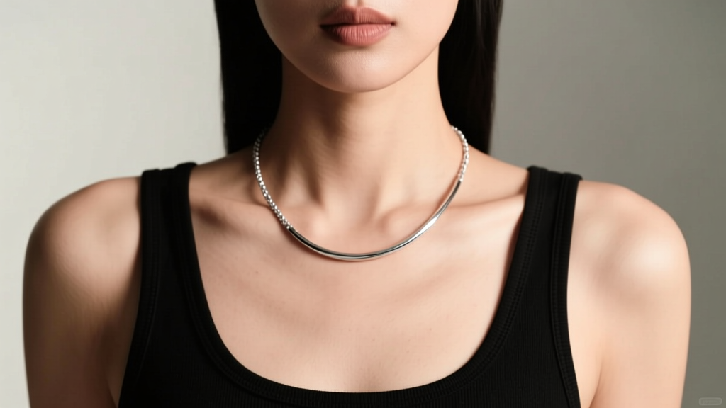Model in black racerback tank top wearing 18-inch rhodium-plated sterling silver lariat necklace highlighting the bare chest area.
