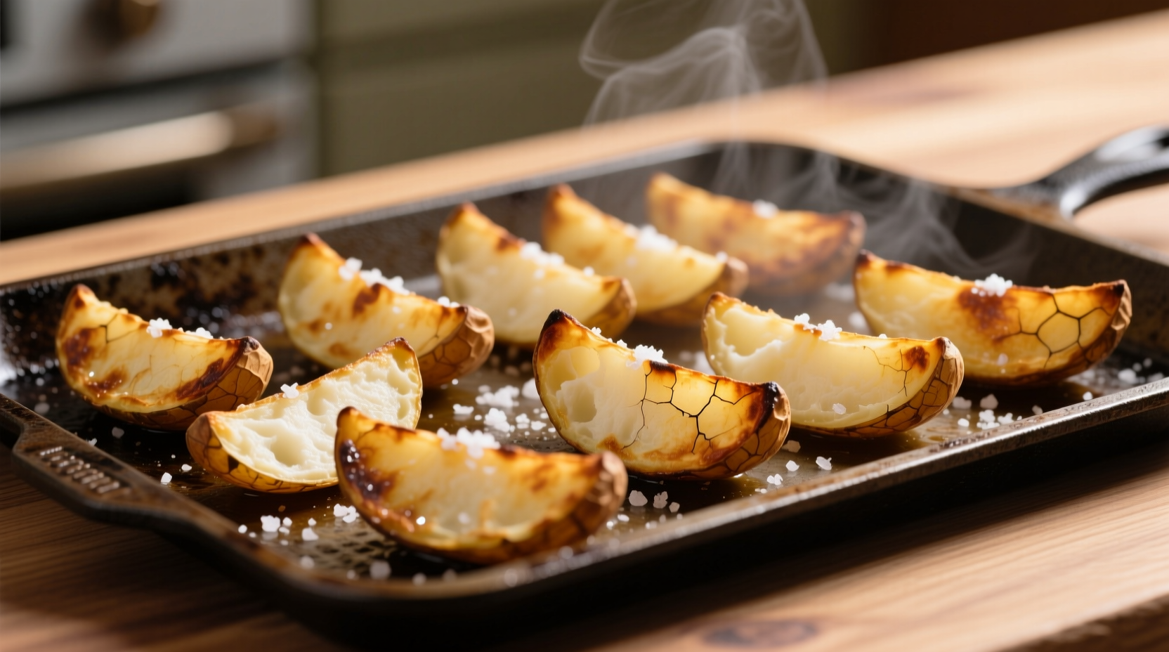 Golden brown oven baked potato wedges on baking sheet