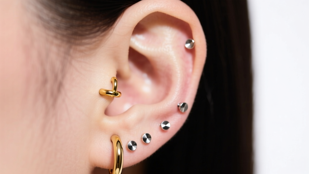 Close-up of a curated ear with a 14-gauge solid gold lobe hoop and 16-gauge titanium flat-backs under soft studio lighting.