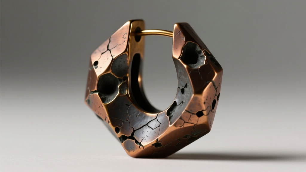 Macro shot of a brutalist cast bronze earring showing raw porous texture and polished edges under warm directional lighting