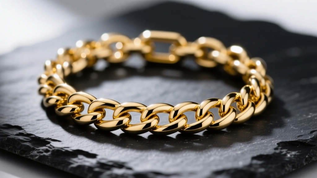 Macro shot of a 10mm 14k yellow gold Cuban link chain on dark slate, showing intricate link soldering and high polish.