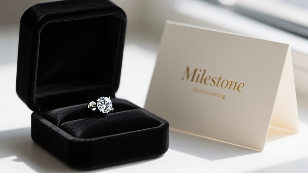 Flat-back titanium labret earring with a bezel-set diamond resting on a dark velvet jewelry box next to a milestone greeting card