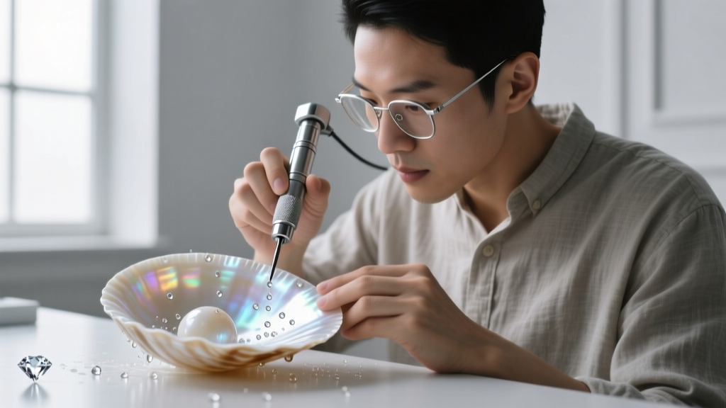 Jeweler using a diamond micro-drill to pierce a dentalium shell under a water drip system to prevent thermal cracking