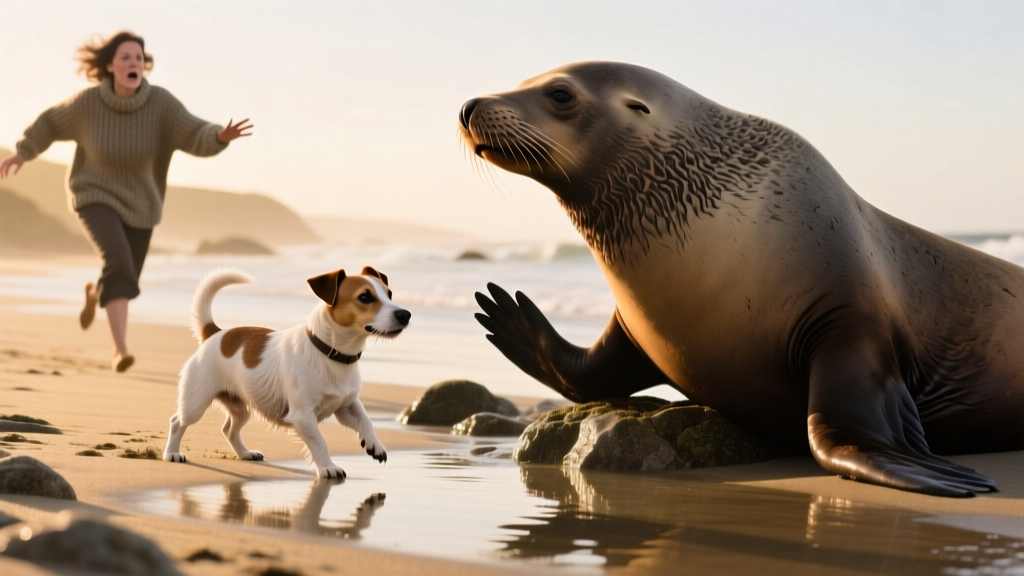 Fearless Little Jack Russell Terrier Tries Taking on a Giant Sea Lion Before Mom Rushes In