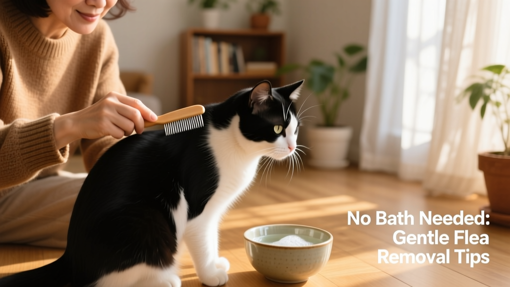 A person gently using a fine-toothed flea comb on a cat’s back, with a bowl of soapy water nearby