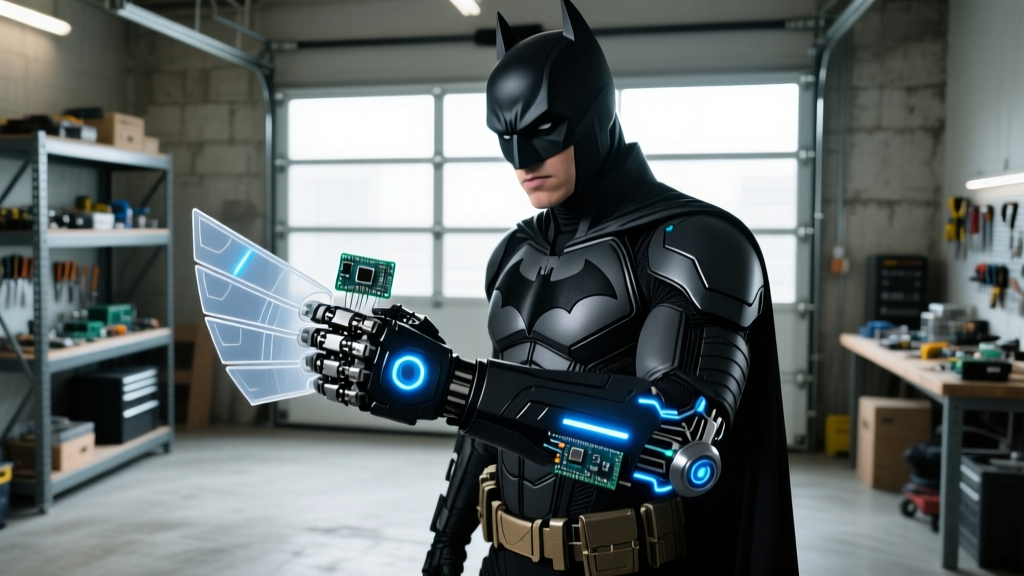 An expert cosplayer testing a 3D-printed, Arduino-powered Batman gauntlet with deployable polycarbonate fins in a garage workshop.