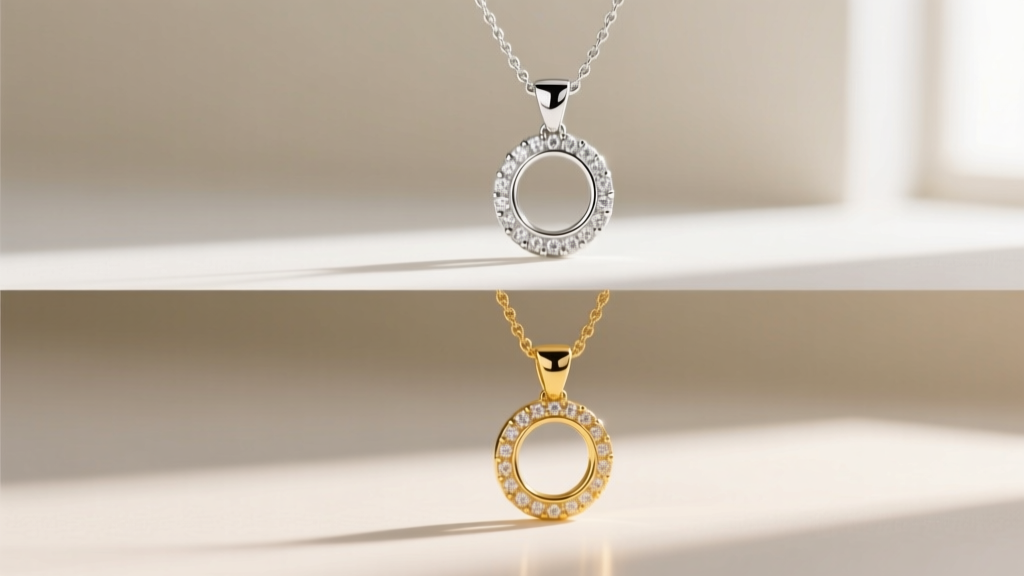Split-view of a 14k white gold pendant necklace showing bright rhodium-plated top half and yellowish unplated bottom half