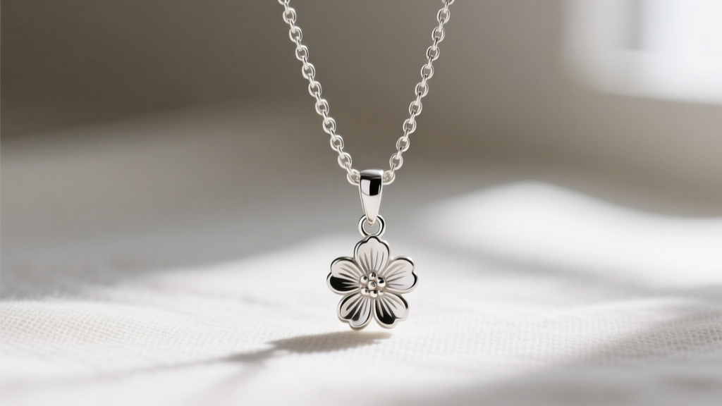 A 1.2mm sterling silver box chain threaded through a floral pendant bail, captured against soft natural window lighting.
