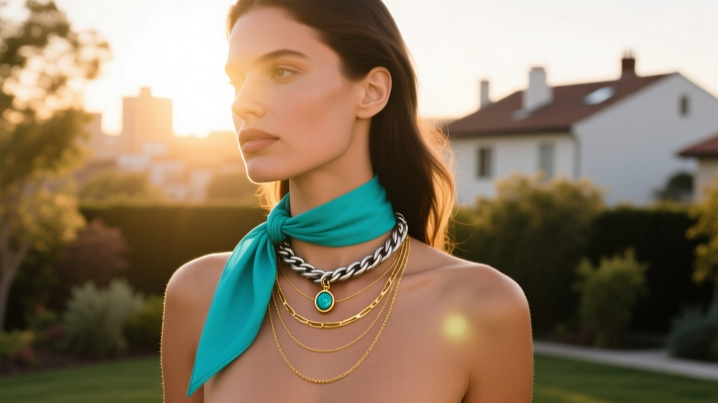 Model wearing a turquoise bandana charm on an oxidized silver rope chain, layered with delicate gold necklaces outdoors at sunset.