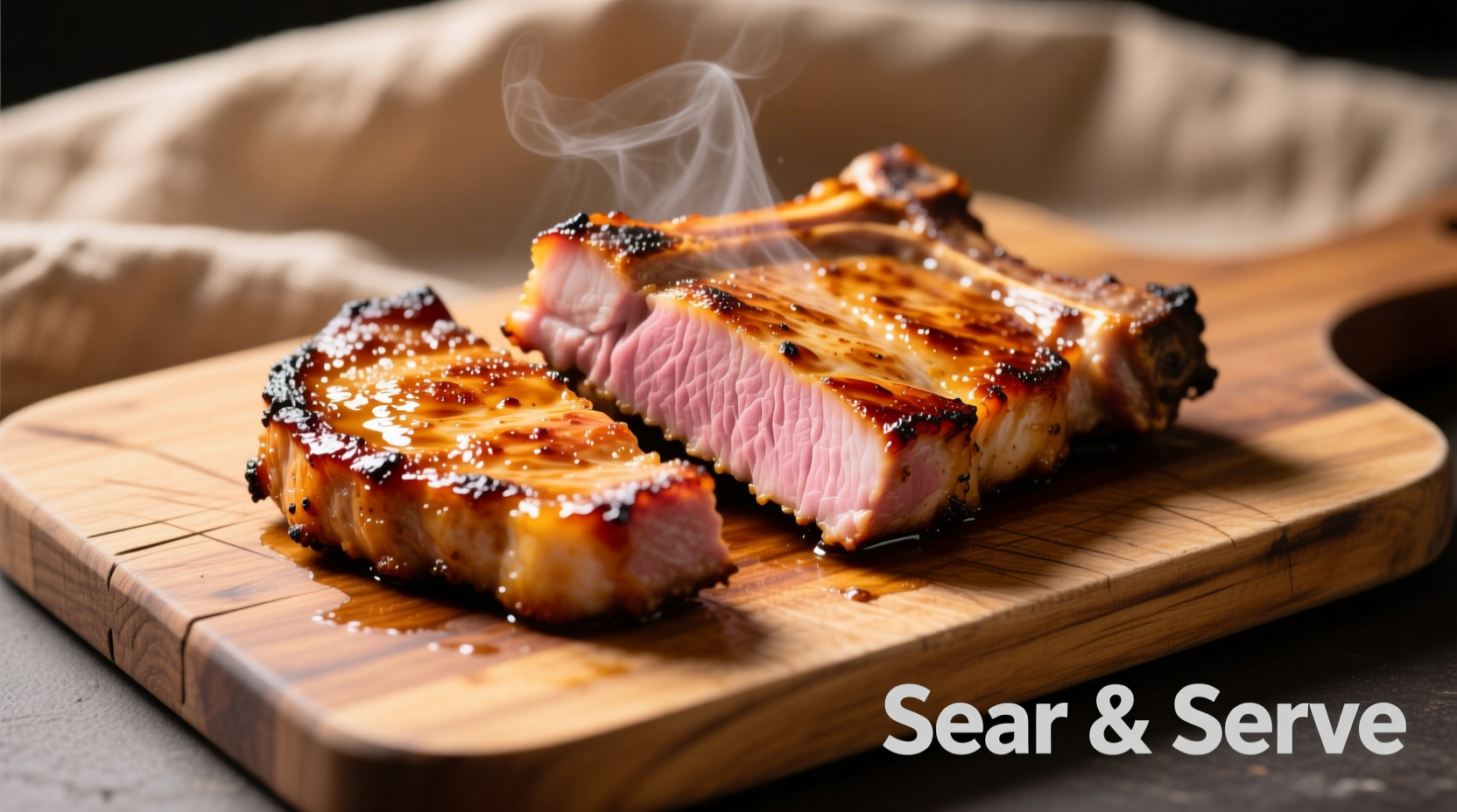Golden seared pork chops resting on cutting board