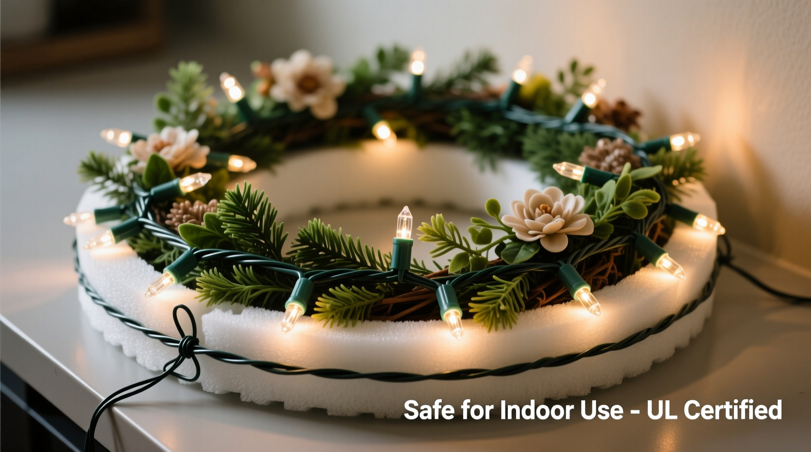 are battery powered string lights safe to use near artificial wreaths with foam bases