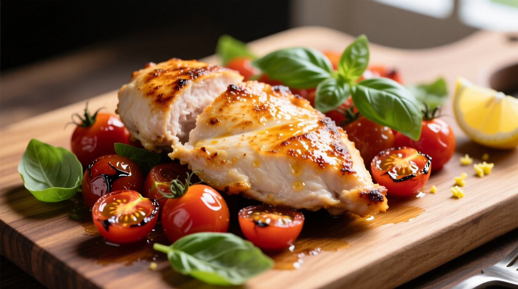 Pan-seared chicken with roasted tomatoes and fresh basil